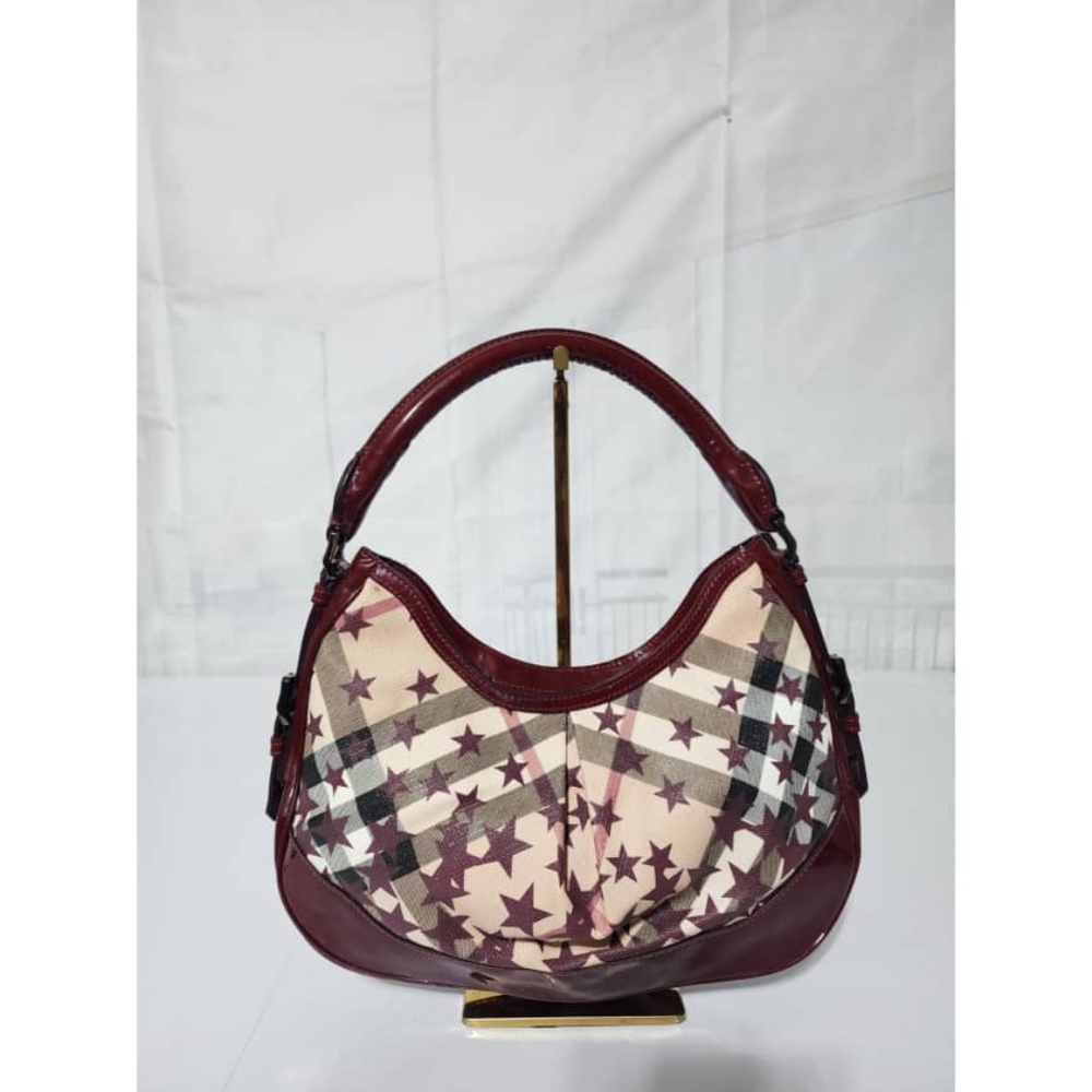 Authentic Burberry Nova Check Berry Red Star Small Hernville Hobo Bag Burgundy - Picture 1 of 13